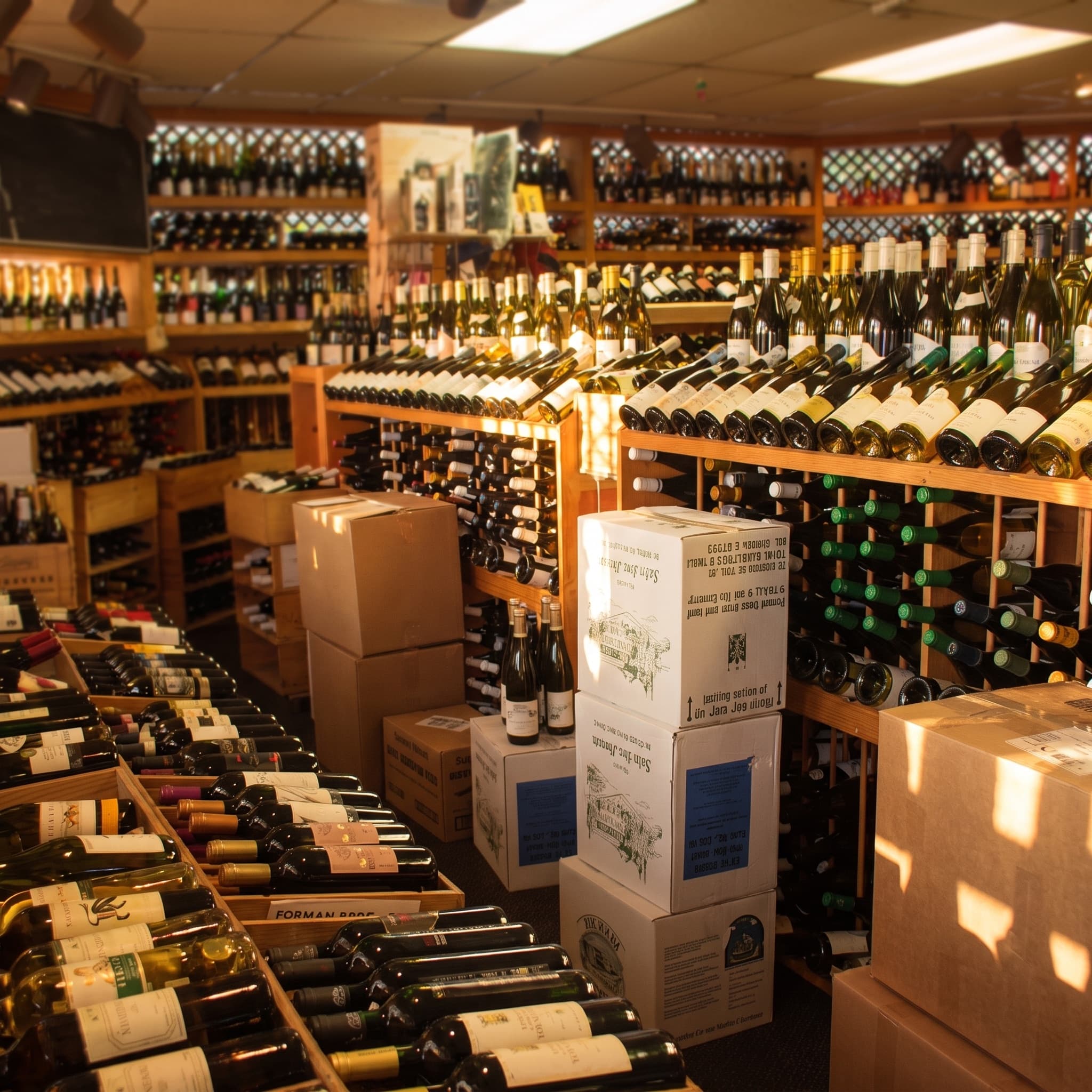 An aisle of the Tastings retail floor: lattice-top racks, stacked cases, warm afternoon light